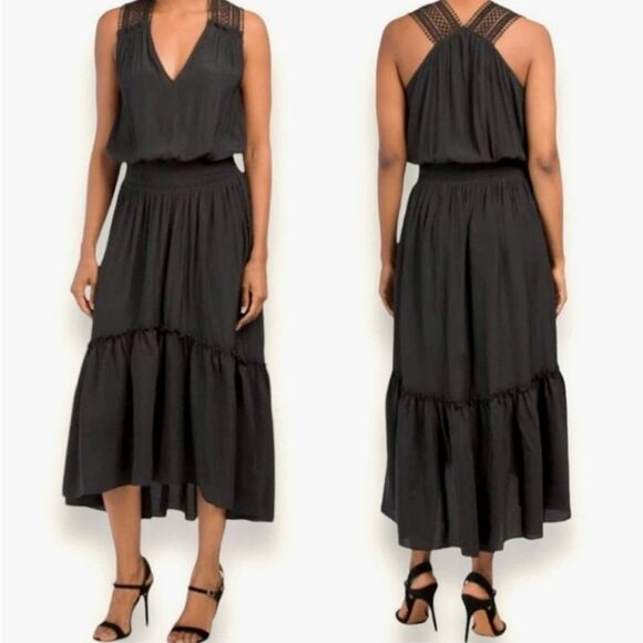 NWT RAMY BROOK Samantha Black Midi Dress Size Large Sleeveless V-neck Tiered‎ - Picture 1 of 12